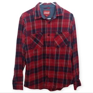Coleman's Men's Size Large Shirt Button Down Red Blue Plaid Flannel FLAWED